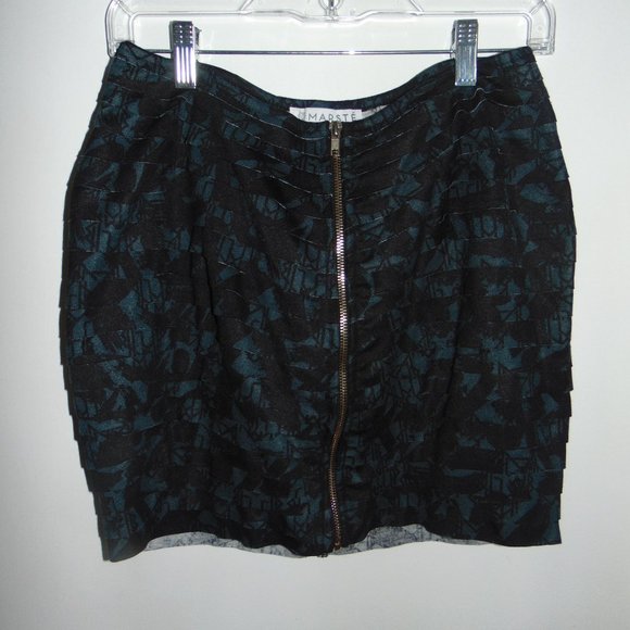 Marste Tiered Ruffle Mini Skirt Black Blue Geometric Zippered Front Size 12-14 - Picture 2 of 7